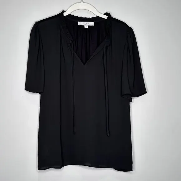 Ann Taylor LOFT Ruffle Tie Neck Mixed Media Top, Black, Size Small - Picture 2 of 8